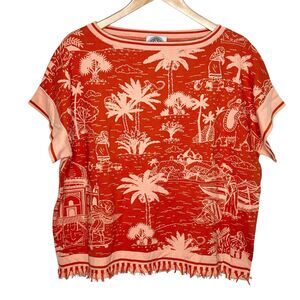 Happy Sheep India Taj Mahal Short Sleeve Sweater Orange Womens M Fringe